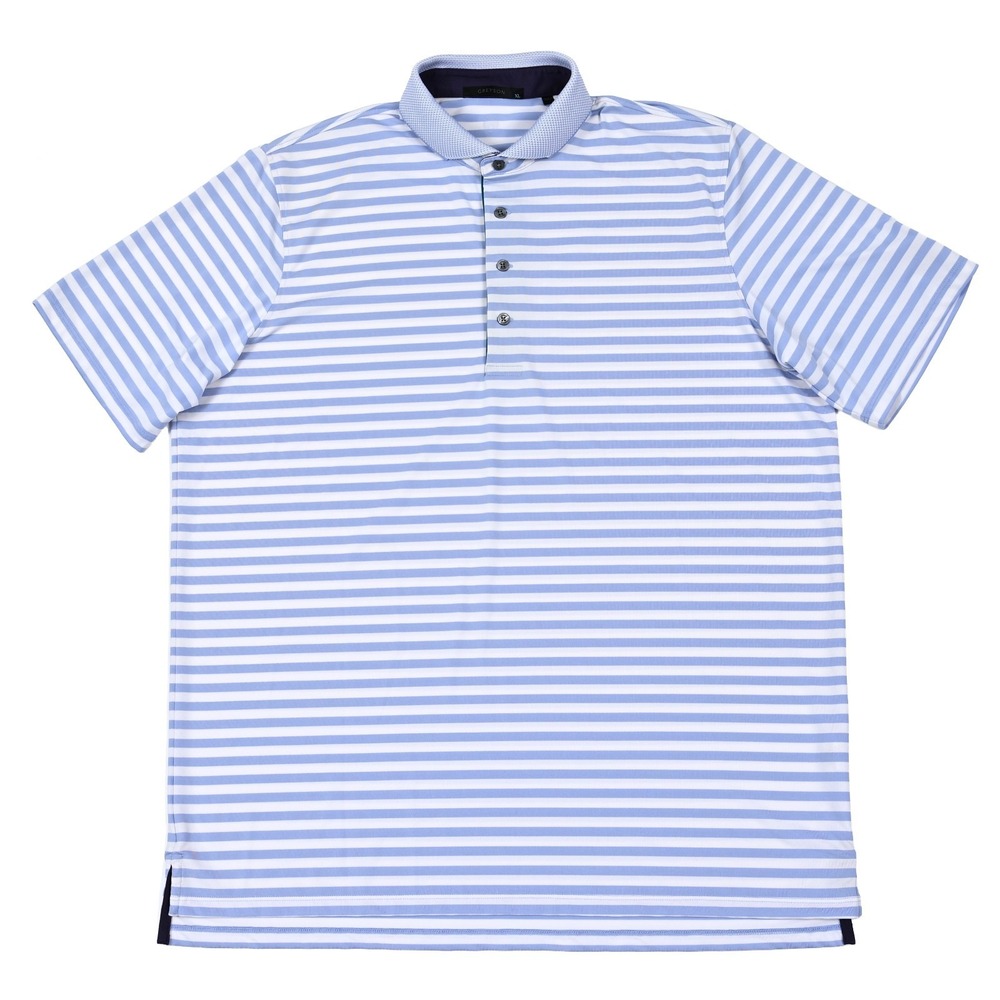 Greyson Men's XL Golf Performance Polo Shirt Pullover Blue Striped Logo Preppy